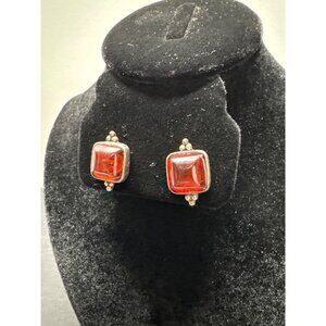 Vintage Lori Bonn Sterling Silver Red Square Cabochon Gemstone Post Earrings Mar